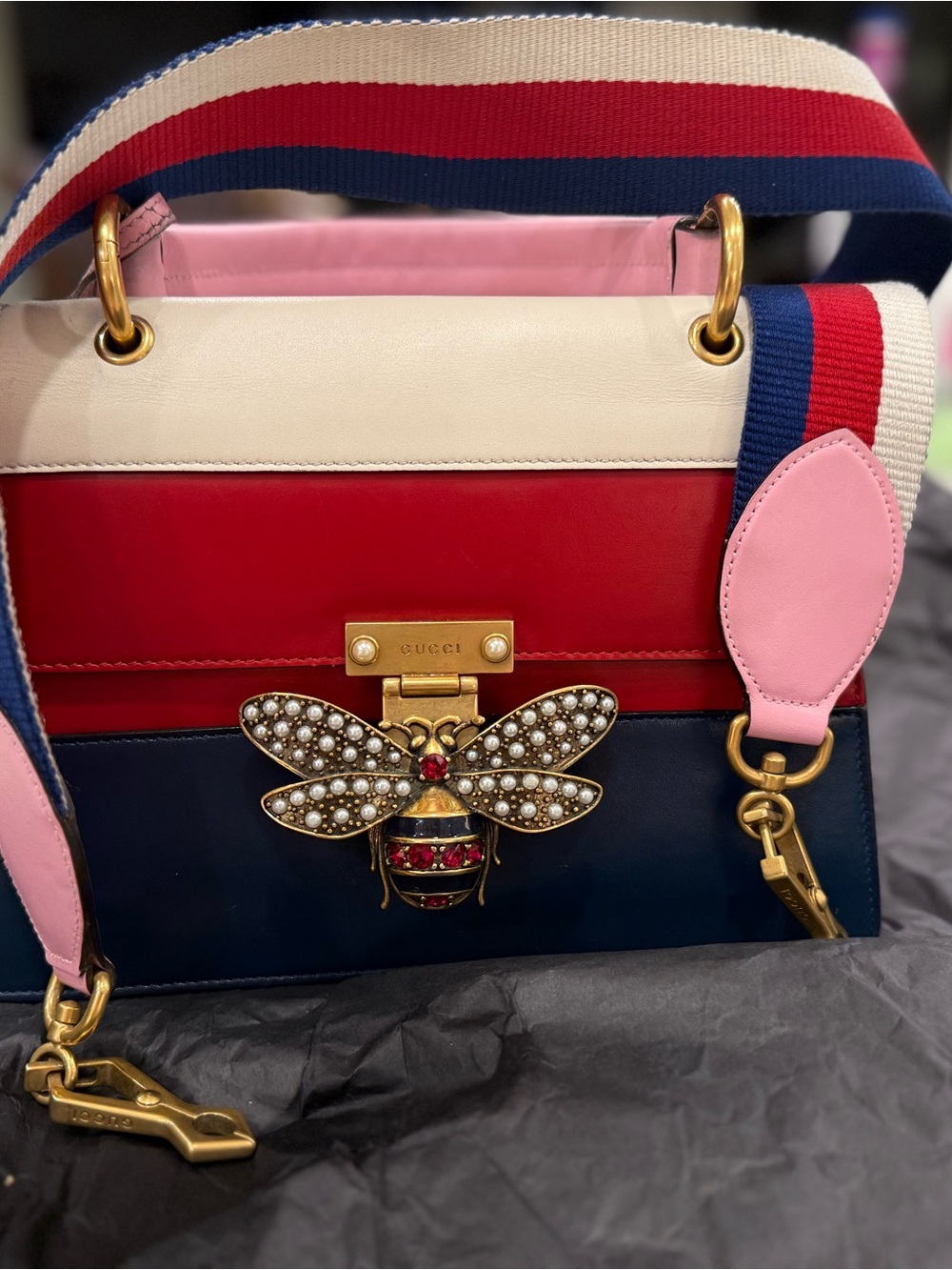 Gucci Tricolor Leather Top Handle Bag with Bee Accent - Pink, White, Red, Navy - Picture 14 of 14